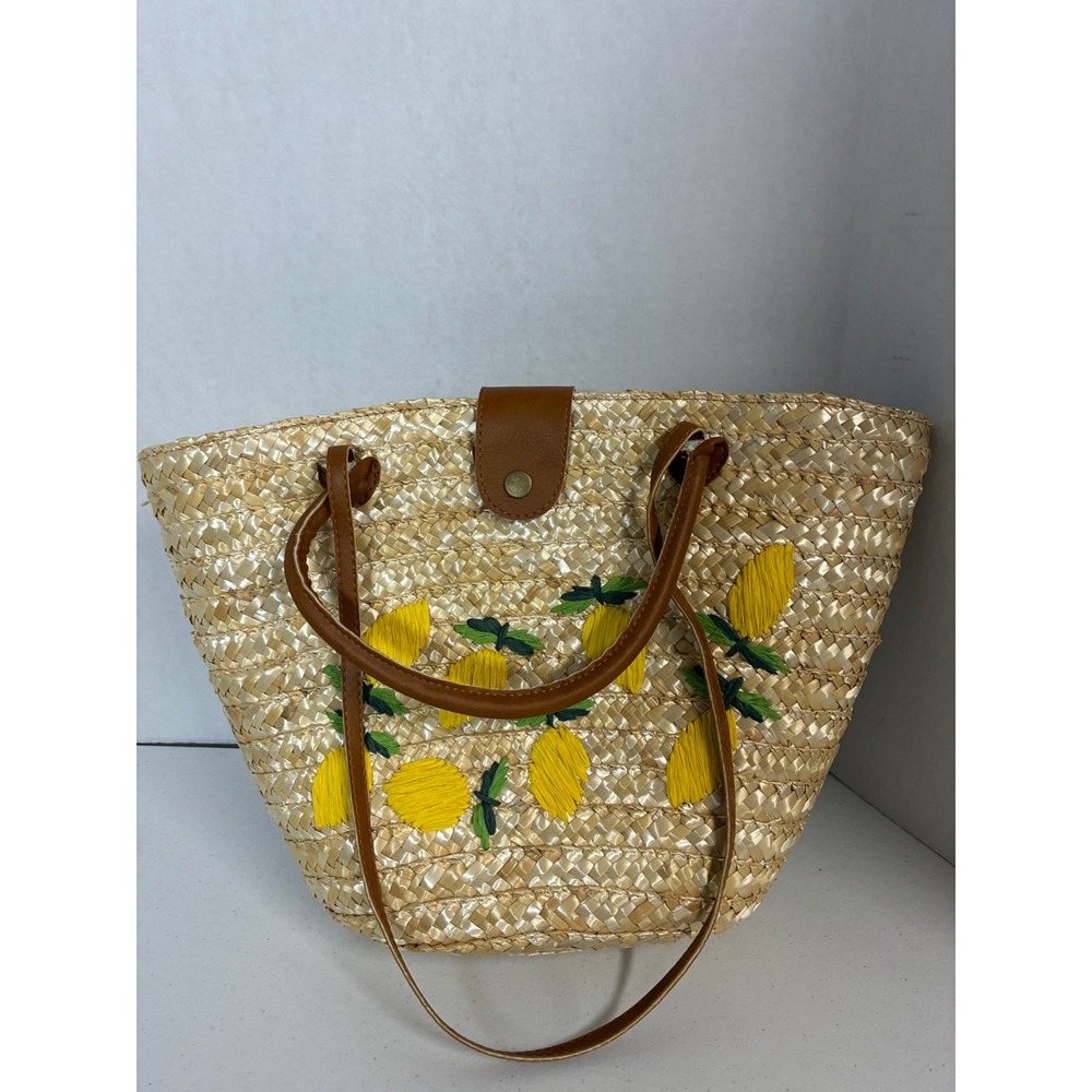 Woven Straw Lemon Embroidered Tote Bag Summer Beach Shopper Natural Yellow Brown